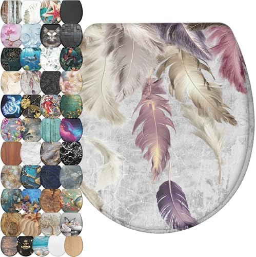 Sanilo Wooden Toilet Seat with Quick Release & Soft Close [ROUND] - Decorative & Slow Close Molded Wood Seat - With One Click for Easy Installation & Cleaning - With Adjustable Fit (Feathers)
