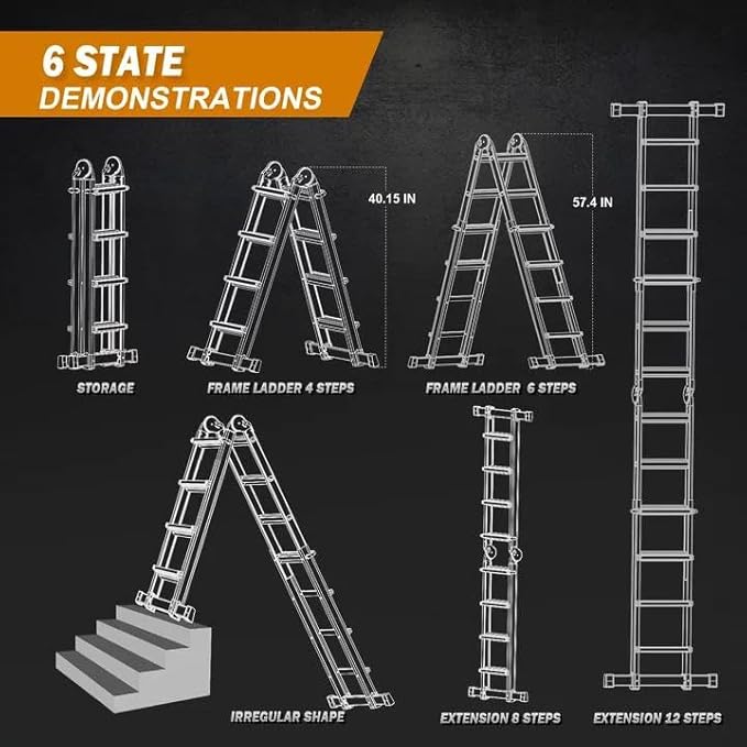 Soctone Ladder, A Frame Extension Ladder, Multi Position with Stabilizer Bar, 330 lbs Weight Rating Telescoping Ladder for Household or Outdoor Work, 14 Ft, Orange