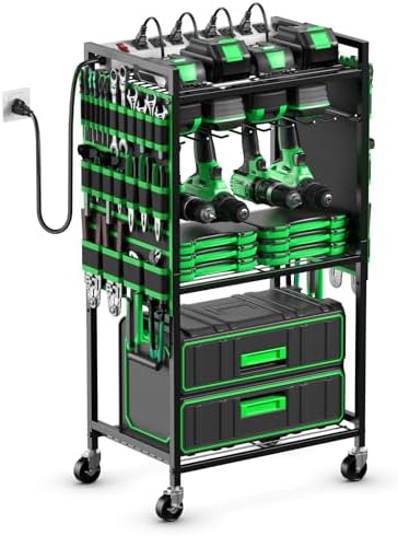JUNNUJ Power Tool Organizer Cart with Charging Station, 10 FT Cord, Green