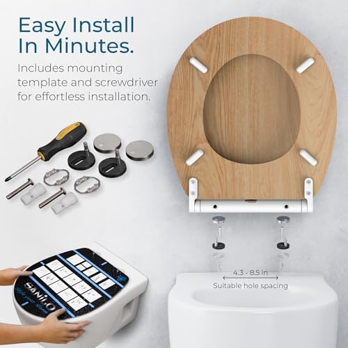 Sanilo Wooden Toilet Seat with Quick Release & Soft Close [ROUND] - Decorative & Slow Close Molded Wood Seat - With One Click for Easy Installation & Cleaning - With Adjustable Fit (Wood)