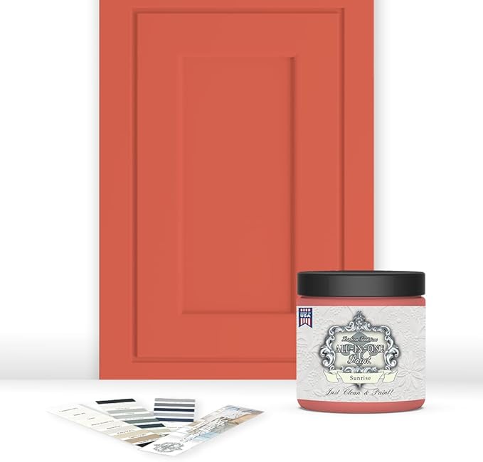 ALL-IN-ONE Paint by Heirloom Traditions, Sunrise (Orange Coral), 8oz Sample - Durable cabinet and furniture paint. Built in primer and top coat, no sanding needed. Includes our 30 featured color card.