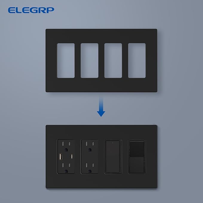 ELEGRP 4-Gang Screwless Decorative Wall Plates, Mid-Size Unbreakable Thermoplastic Faceplate Cover for Decorator Receptacle Outlet Switch, UL Listed (1 Pack, Matte Black)