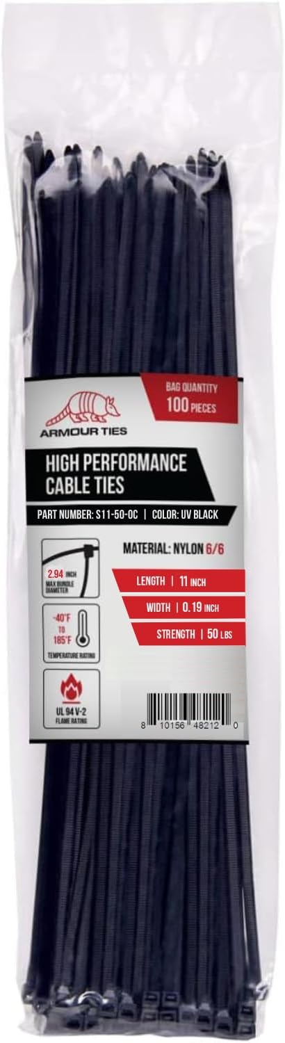 11-inch Black Zip Ties Heavy Duty UV Resistant Nylon Cable Ties, 50lb Tensile Strength, 1000-Pack - Durable Wire Ties, Heavy Duty Tie Strap Indoor and Outdoor Cable Management Solution by ARMOUR TIES