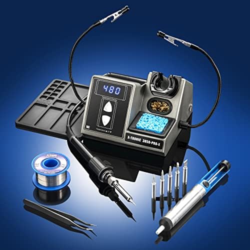 X-Tronic Model 3050-PRO-X Digital LED Soldering Iron Station with 2 Convenient Helping Hands, 1-30 Minute Sleep Function, C/F Programmable, Solder Roll Holder, Brass Tip Cleaner, Wet Sponge