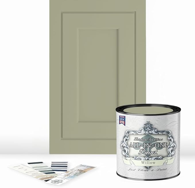 ALL-IN-ONE Paint by Heirloom Traditions, Willow (Soft Sage), Quart - Durable cabinet and furniture paint. Built in primer and top coat, no sanding needed. Includes our 30 featured color card.