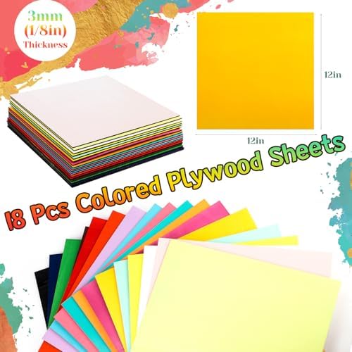 Geelin 18 Pcs 12 x 12 Inches Double-Sided Colored Plywood Sheets 1/8 Thin Craft Wood for Laser Cutting Engraving DIY Crafts Architectural Models Making (Multicolor)