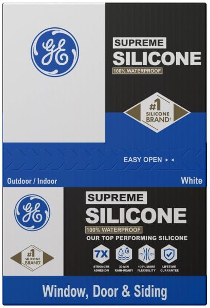 GE Supreme Silicone Caulk for Window & Door, White, 10 fl oz Cartridge, 12 Pack - 100% Waterproof Silicone Sealant, 7X Stronger Adhesion, Shrink & Crack Proof