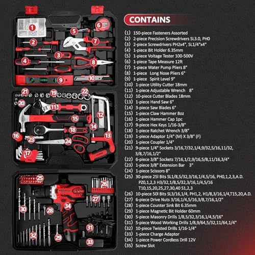 KingTool 276-Piece Tool Set Kit with 12V Cordless Power Drill (Red Black)