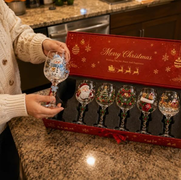 Christmas 3D Wine Glass Collection Gift Box Set, 3D Christmas Wine Glasses,Raised Holiday Goblet with Snowflake Decor,Festive Glassware,Holiday Party Decor,Wines & Cocktails,Table Decor (1pcs F)