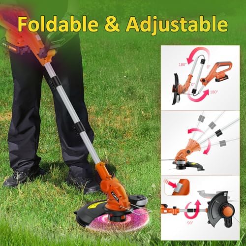 Electric String Trimmer Cordless with 2x2.0Ah Battery, 20V Weed Wacker Weed Eater with Charger, 12" Lawn Mover & Edger Lawn Tool, Powered Grass Trimmer with 8pcs Spool Line for Yard, Garden, Orange