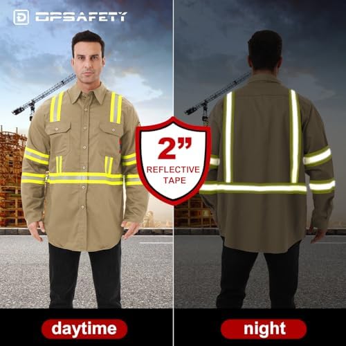 FR Shirts for Men 7oz High Visibility Fire Resistant Shirts CAT2 Welding Shirt 100% Cotton Hi Vis Flame Resistant Shirt Khaki(Large)