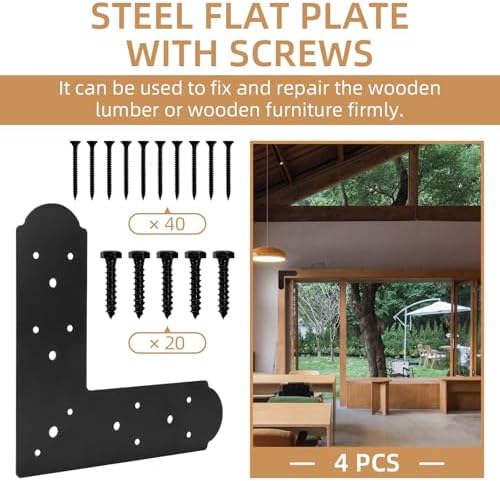 L Shape Steel Flat Bracket, 4 Pcs 10" X 10" Flat Fixing Mending Plates Black Flat Repair Plate Bracket with Screws Set for Wood Lumber Timber Connectors