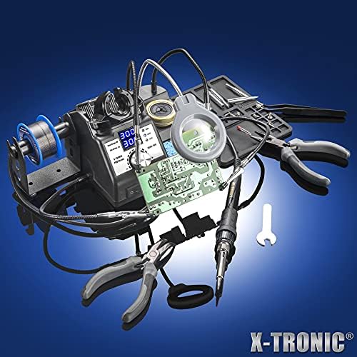 X-Tronic 3060-PRO - 75 Watt Soldering Iron Station with Mini Mag Lamp & 4 Helping Hands - 2 Digital LED Displays, 3 Temp Presets, Sleep Func, C/F Func, Brass Sponge w/Flux & Wet Sponge