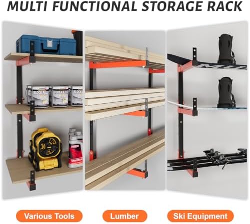 27" Lengthened Lumber Storage Rack, 6-Hole Adjustable Wall Mount Wood Organizer Storage Metal Shelves for Garage (4 Pack)