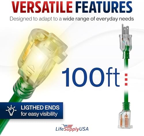 100ft Outdoor/Indoor Extension Cord 16/3 Gauge Heavy Duty 3 Prong SJTW, Waterproof, Flexible Cold-Resistant Long Power Cord,10A 125V 1250W, Green by LifeSupplyUSA