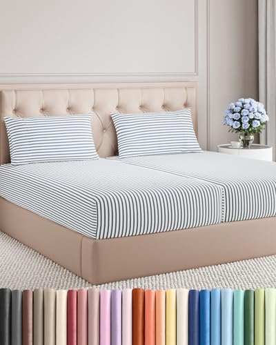 Split King Size 5 Piece Sheet Set - Breathable & Cooling - Blue Stripes