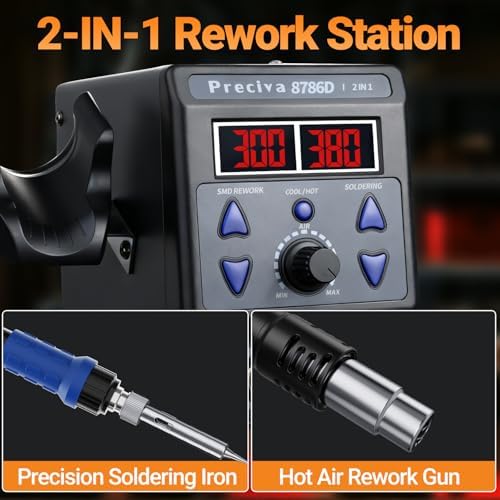 Preciva 8786D 2-IN-1 Hot Air Soldering Iron Station Kit with °F /°C, Cool/Hot Air Conversion,Soldering Station with Dual LED Display, 5 Tips & 4 Nozzles for Electronics Repair,Desoldering