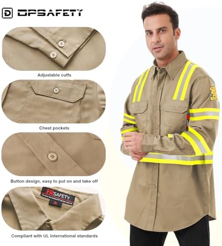 FR Shirts for Men 7oz High Visibility Fire Resistant Shirts CAT2 Welding Shirt 100% Cotton Hi Vis Flame Resistant Shirt Khaki(4X-Large)