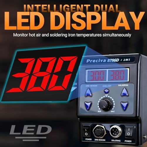 Preciva 8786D 2-IN-1 Hot Air Soldering Iron Station Kit with °F /°C, Cool/Hot Air Conversion,Soldering Station with Dual LED Display, 5 Tips & 4 Nozzles for Electronics Repair,Desoldering