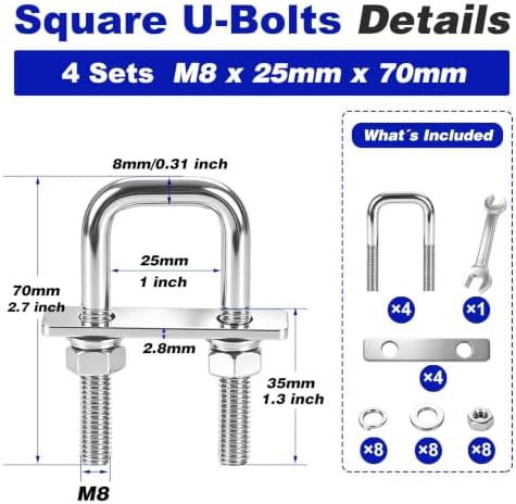 4 Pcs Heavy Duty M8 Square U Bolts Kit, 1 Inch Wide 304 Stainless Steel U-Bolt with Frame Plates and Washers, Marine Grade U Bolt M8 x 25mm W x 70mm L Trailer Axle Clamp