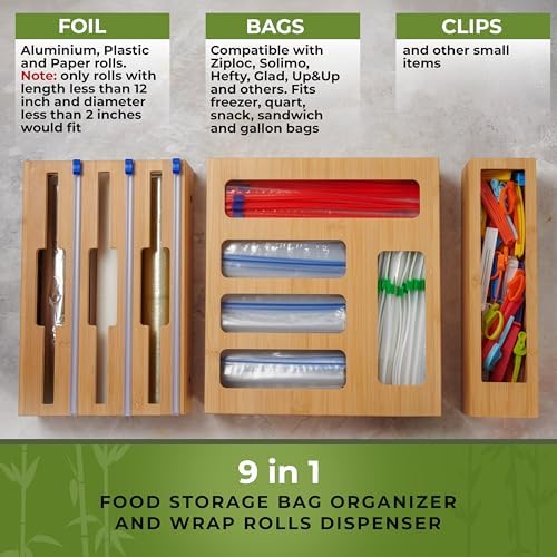 Kitchen Drawer Organizer, 9" 1 Sandwich Storage Bag Organizer & Foil Wrap