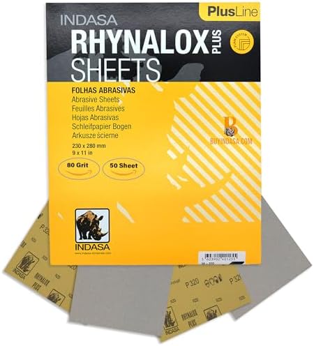 Indasa 50 PCS 9x11 Sandpaper Rhynalox Plusline - 80 Grit Dry Sanding Sheets, Professional-Grade Abrasive for Wood, Metal, Automotive, and Paint Finishing - Durable, Clog-Resistant Sand Paper