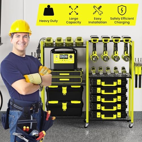 Heavy-Duty Power Tools Organizer Cart with Charging Power Strip, 6-Tier Rolling Utility Cart with 8 Hooks and 6 Load-Bearing Wheels, Garage Tool Storage Rack for Workshop for Men