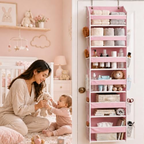 HOMELUX THEORY Over the Door Organizer, 6-Tier, 100D Fabric, Baby Pink 2pc