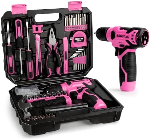 KingTool 156-Piece Pink Tool Kit, 8V Cordless Drill for Home Repairs & DIY