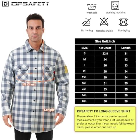 FR Shirts for Men 7oz Fire Resistant Shirts CAT2 Welding Shirt 100% Cotton Flame Resistant Shirt Grey/Plaid(X-Large)