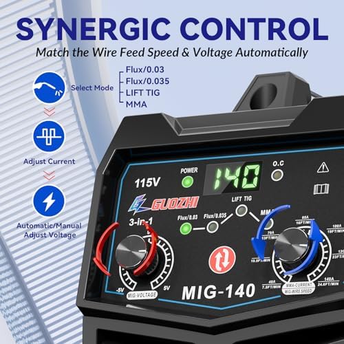 ‌GZ GUOZHI 140A MIG Welder,3-in-1 MIG Welder with FLUX MIG/ARC/Lift TIG Multi-Process,110V Welding Machine,110V Flux Core Welder with Welding Gun(black)