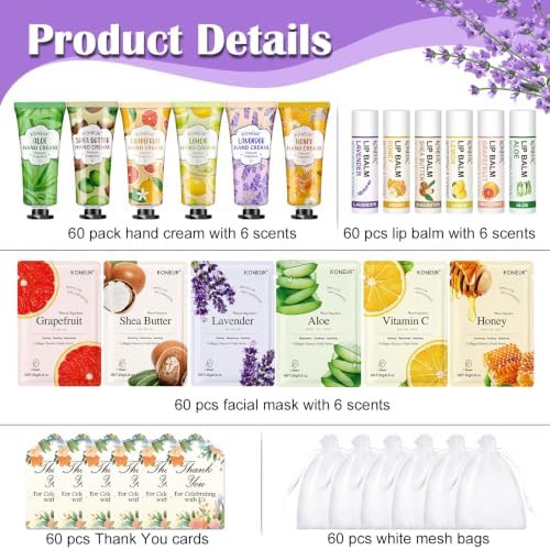 KONEUK 60 Pack Bulk Lip Balm, Facial Mask and Hand Cream Sets, Thank You Gifts and Bridesmaid Gifts for Guests, Birthday Gifts, Teacher Appreciation Gifts, Wedding Favors and Bulk Small Gifts