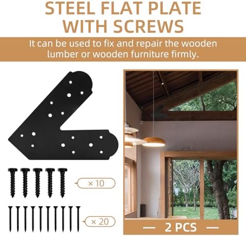 45-Degree Steel Angled Bracket - 2 Pcs, Flat Fixing Mending Plates, Black Repair Plate, Corner Brace with Screws Set for Wood, Lumber, Timber Connectors