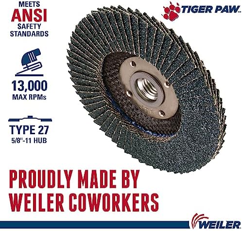 Weiler 51112 4-1/2" Tiger Paw Abrasive Flap Disc, Flat (Ty27), Phenolic Backing, 36Z, 5/8"-11 UNC Nut (Pack of 10)