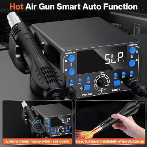 Preciva 902D V Soldering Station 2-in-1 SMD Hot Air Rework Station with LED, Memory Presets, Sleep, Calibration, °C/ºF | Includes Soldering Iron, Hot Air Gun, 5 Tips, 4 Nozzles, Holder, Solder Wire