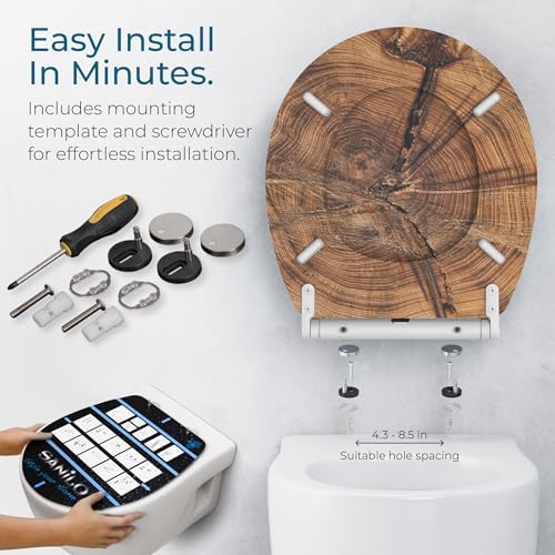 Sanilo Wooden Toilet Seat with Quick Release & Soft Close [ROUND] - Decorative & Slow Close Molded Wood Seat - With One Click for Easy Installation & Cleaning - With Adjustable Fit (Old Tree)
