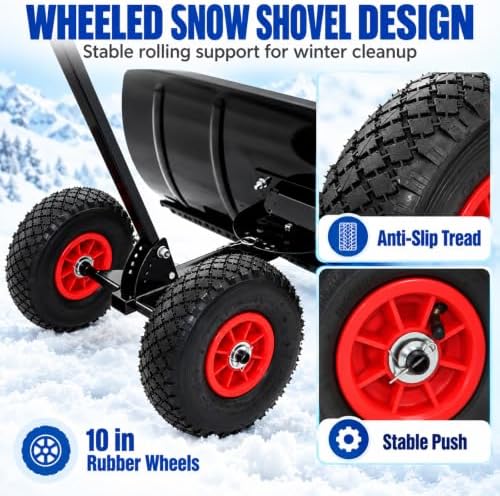 30 inch Snow Pusher with Wheels, Metal Snow Shovel for Driveway