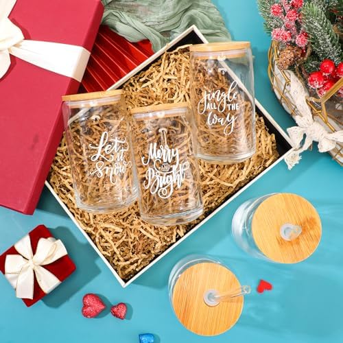 21 Pcs Christmas Glass Cups with Lids Straws 1 Set(20sheet) Gift Paper
