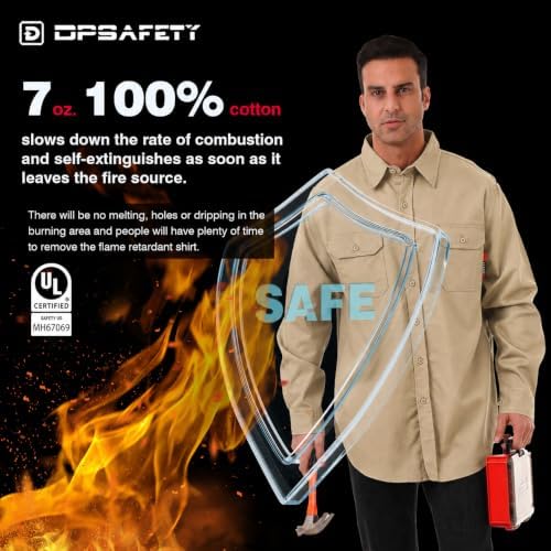 FR Shirt 7oz Fire Resistant Shirts Men's,CAT2 Welding Shirt 100% Cotton Flame Resistant Shirts Khaki (Large)