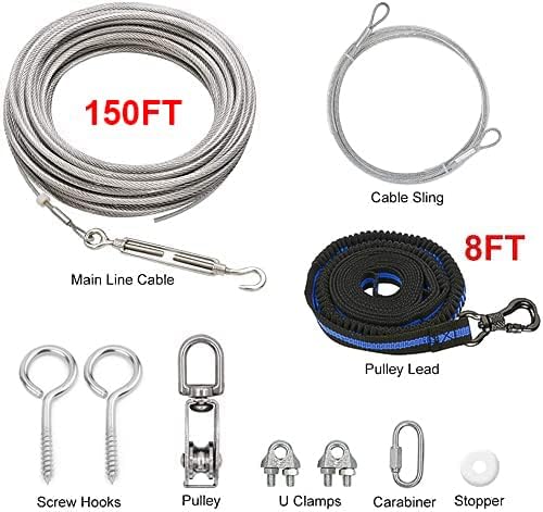 XiaZ Dog Tie Out Cable, 150ft Trolley Runner Cable for Dogs up to 250lbs, Dog Lead for Yard, Camping, Outdoor, with 8 Ft Nylon Bungee Runner, Cable Sling to Protect Trees