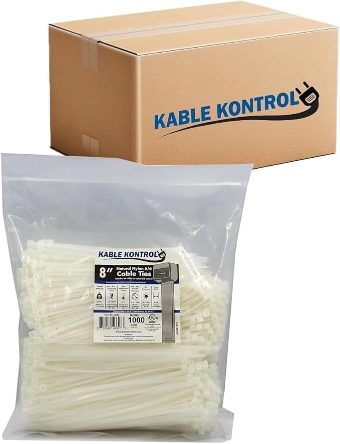 Kable Kontrol Cable Zip Ties, 8 Inch, 10000 Pcs, 50lbs Test, Natural White | Nylon Plastic, Self Locking, UL Listed, Indoor Use