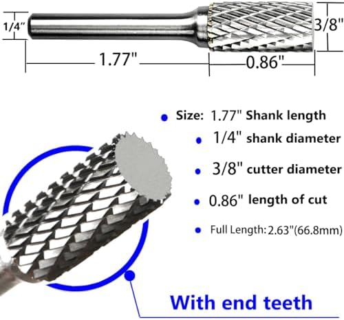 Carbide Burr Set 1/4" Shank SA-3 Die Grinder Bits Tungsten Double Cut Burr Bits (3/8" Cutter Dia X 0.86" Cutter Length) for Die Grinder Kits Metal Grinding Drilling Polishing (5pcs)