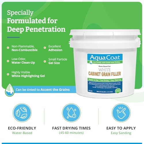 Aqua Coat Water-Based White Cabinet Wood Grain Filler Gel – Fast Drying, Low Odor White Wood Filler, Sandable & Paintable for Interior & Exterior Repairs, Upgrades & Restorations – 1 Gallon