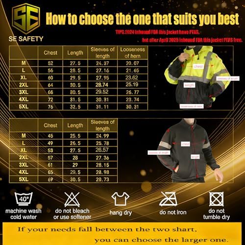 sesafety High Visibility Reflective Jackets for Men Waterproof, 3 In 1 Hi-Vis Reflective Winter Bomber Safety Rain Coat with Zipper Sweater, Construction