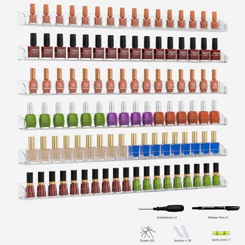 30 Inch Clear Nail Polish Wall Rack with Removable End Caps Set of 6, Acrylic Nail Polish Organizer Wall Mounted,Nail Polish Sorage Shelves for 192 Bottles (30 Inch)