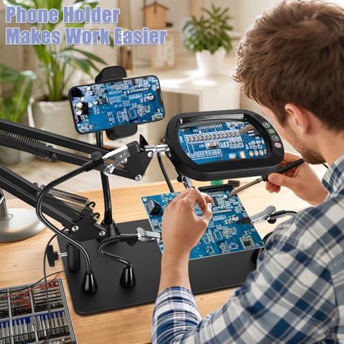 Drdefi Helping Hands Soldering Station, 10X Square Magnifying Glass with Light and Phone Holder, 4 Magnetic Third Hands Soldering Tool, PCB Holder Solder Magnifier Desk Lamp for Electronic Repair