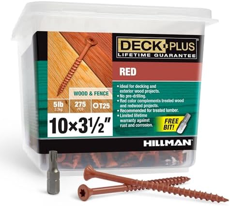 Deck Plus 3-1/2 Inch Epoxy Coated Exterior Wood and Fence Screws #10 x 3-1/2" Torx/Star Drive Included Coarse Thread, Outdoor Rust Resistant Decking Screw, Red, 5lb Box, 275 Pieces | 48436