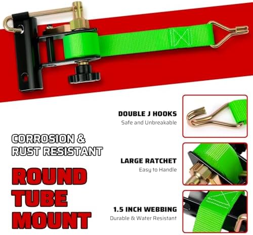 Green Rack Straps with J-Hook (2PK),1.5" x7.5' Ladder Rack Ratchet Straps, 2" Round Tube Mount, Perfect Ladder Rack Tie-Downs for Trailer Cargo Control