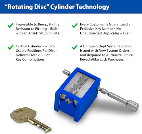PACLOCK's 79-Series Universal Trailer Lock, High Security Rotating Disc, Exclusive Key Number, TH-2" Threaded Pin for 2.5" Receivers, U-Pick! Keyed Alike w/ 1 Key, Blue
