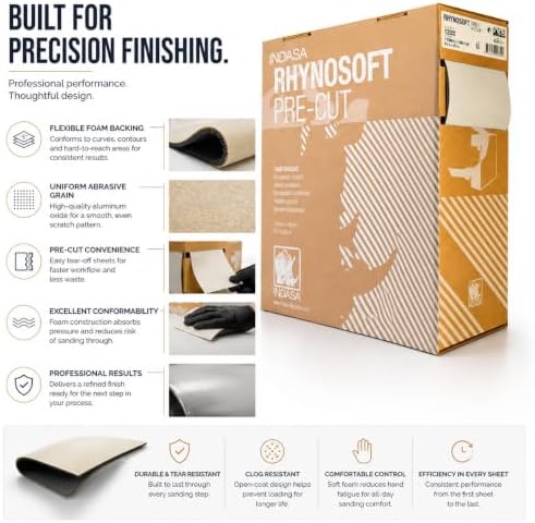 Indasa Rhynosoft Pre-Cut Foam Hand Sanding Pads – Flexible Sponge Sandpaper Sheets for Hand & Machine Sanding – Grits P120 to P1500 – 4.5" x 5.5" Pads – 80 Series – 4.5" x 27.5 yd Roll (1000 Grit)